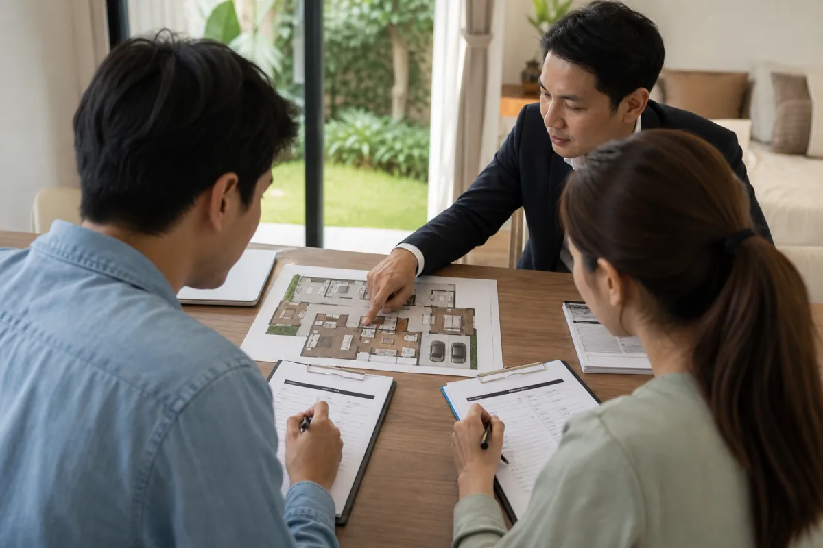 ผู้ซื้อบ้านจดคำตอบลงเช็กลิสต์ขณะฝ่ายขายอธิบายผังบ้าน