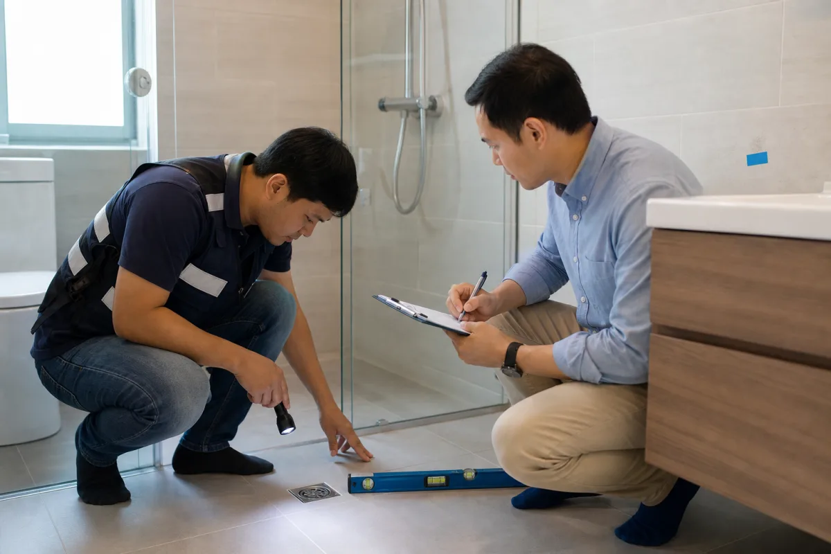 เจ้าของบ้านและผู้ตรวจทดสอบพื้นและจุดระบายน้ำในห้องน้ำ