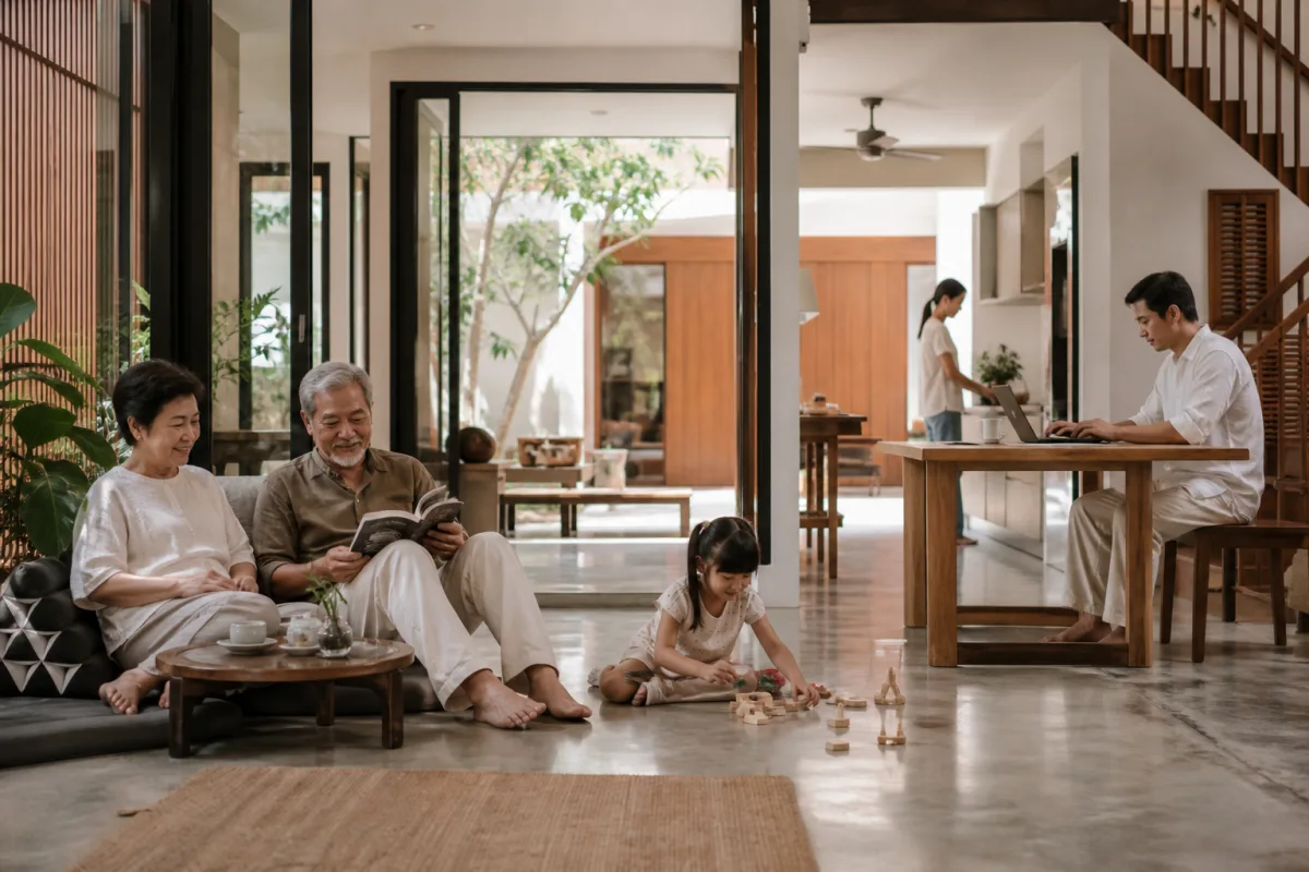 สมาชิกสามเจเนอเรชันใช้พื้นที่ร่วมและพื้นที่ส่วนตัวภายในบ้าน