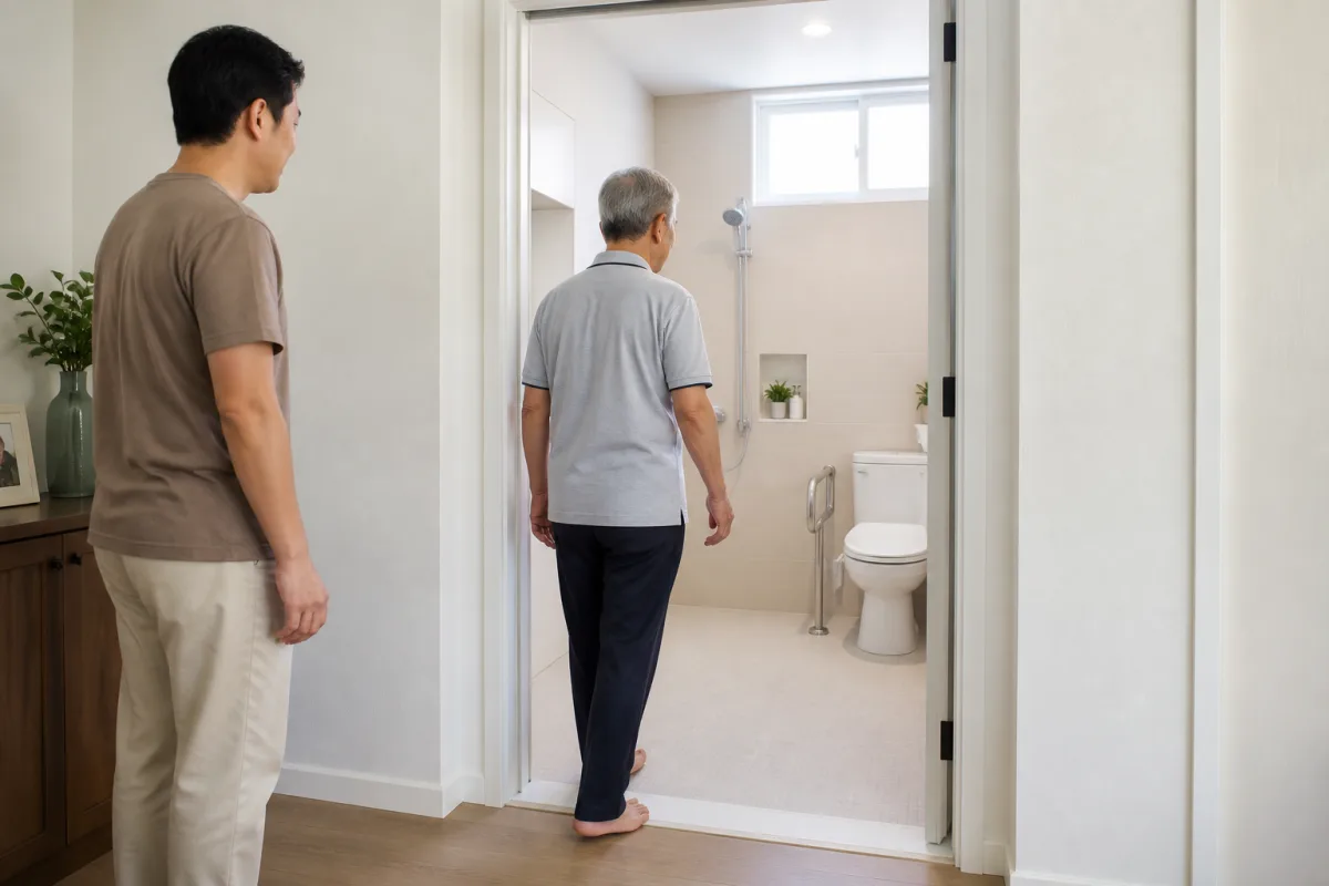 ผู้สูงอายุเดินผ่านประตูกว้างและพื้นระดับเดียวเข้าสู่ห้องน้ำ