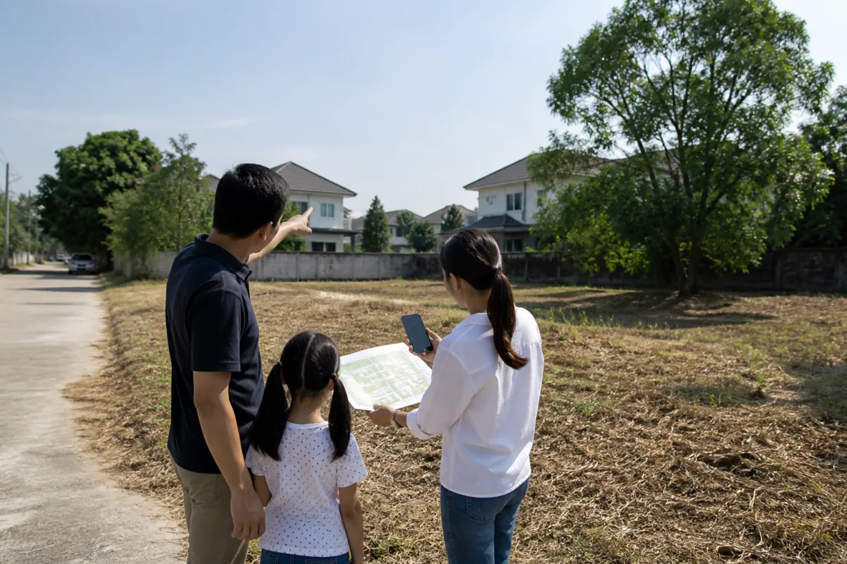 ครอบครัวสำรวจแปลงบ้านจริงพร้อมผังโครงการและทิศทางแดด