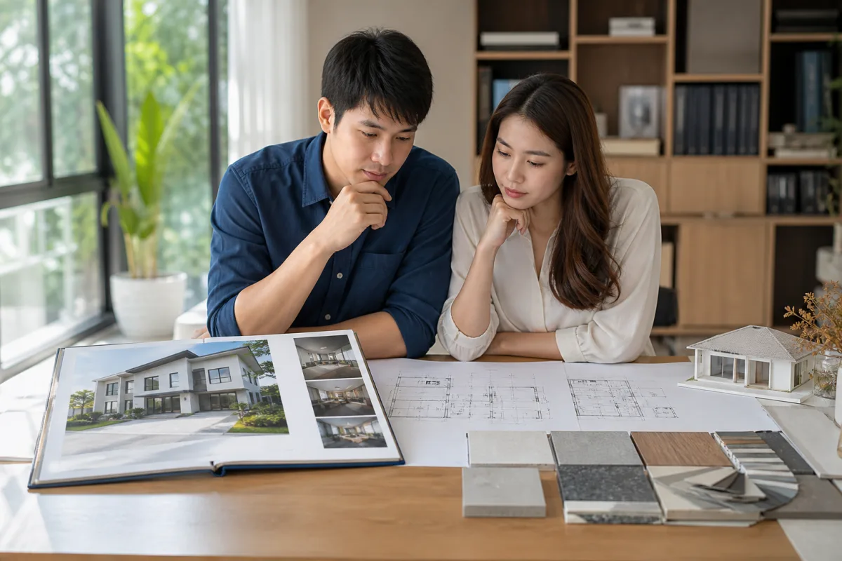 คู่รักเปรียบเทียบบ้านโครงการกับแบบก่อสร้างและตัวอย่างวัสดุ