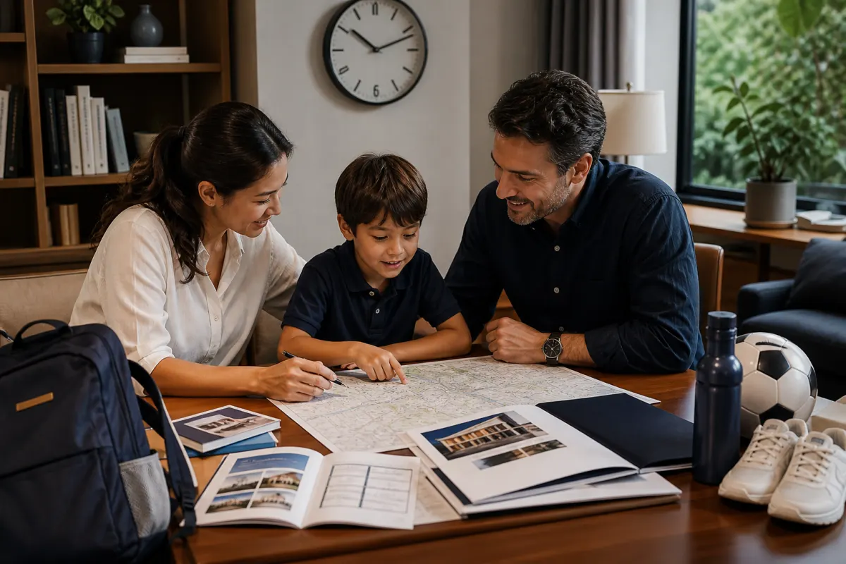 Family comparing a school-day route, campus information and after-school activities at home