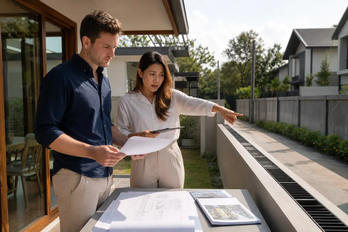 Buyer and independent professional inspecting plans, documents, plot boundaries and drainage